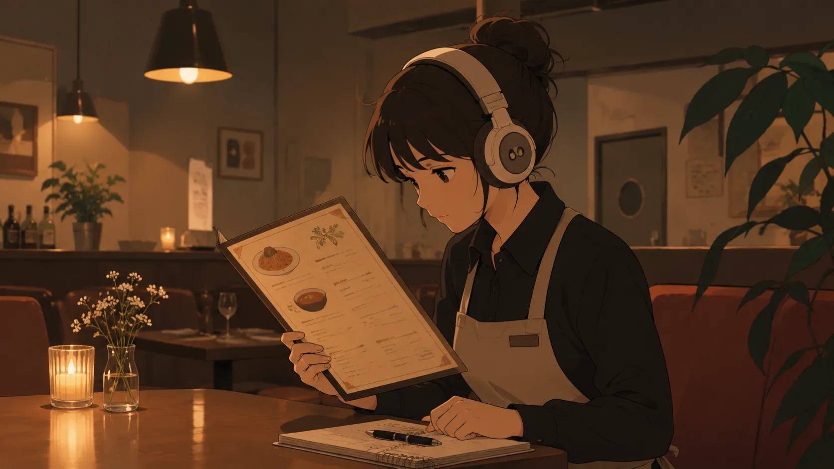 Illustration of a server studying a restaurant menu by candlelight, with a notebook and coffee
