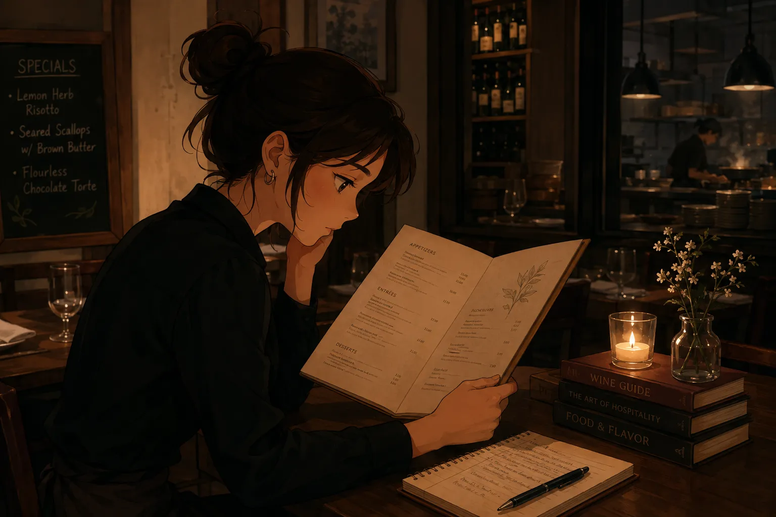 Illustration of a server studying a restaurant menu by candlelight, with a notebook and coffee